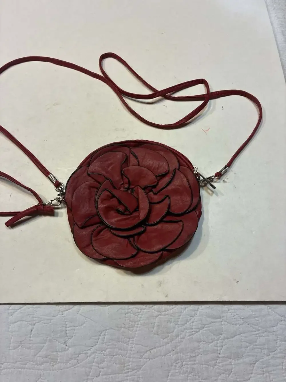 Red Faux Leather Floral Rose Shaped Crossbody Purse with Removable Strap